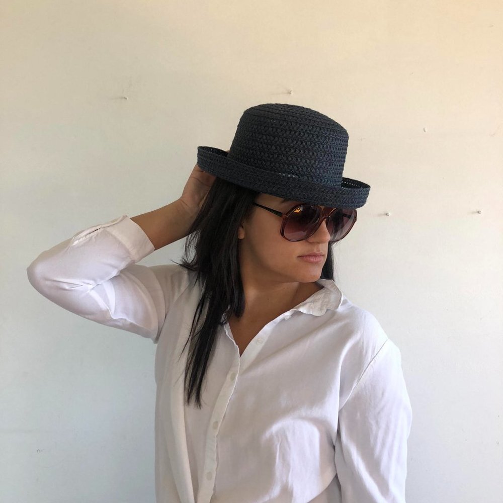 Vintage Blue Hat - Retro Woven Pattern, Curved Brim - 90s Fashion for Women